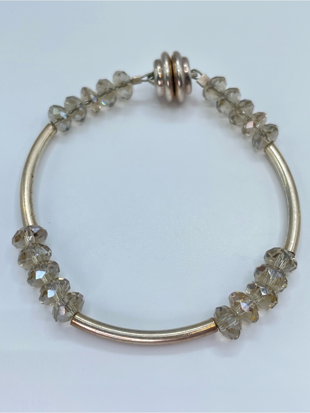 Gray Crystal Glass Beaded Silver Tone Magnetic Bracelet Minimalist Stackable